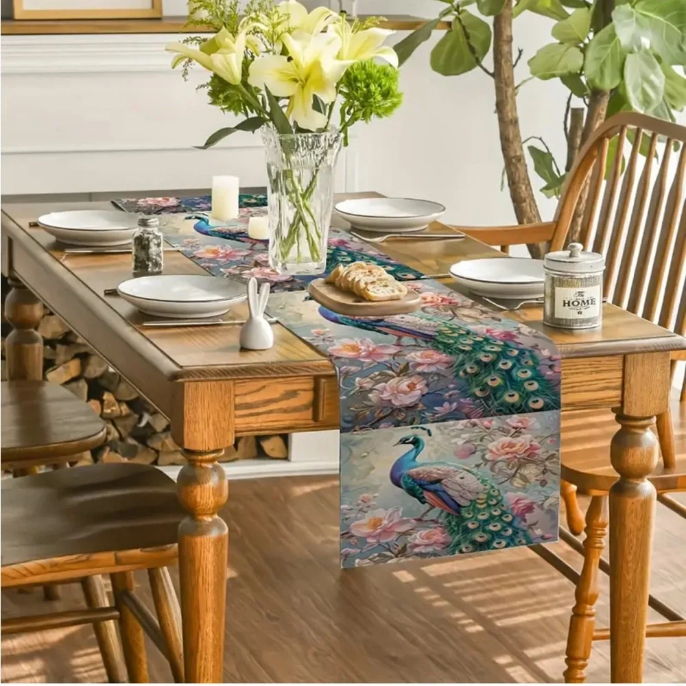 Romantic Floral Peacock #3 Table Runner (71” x 13”)